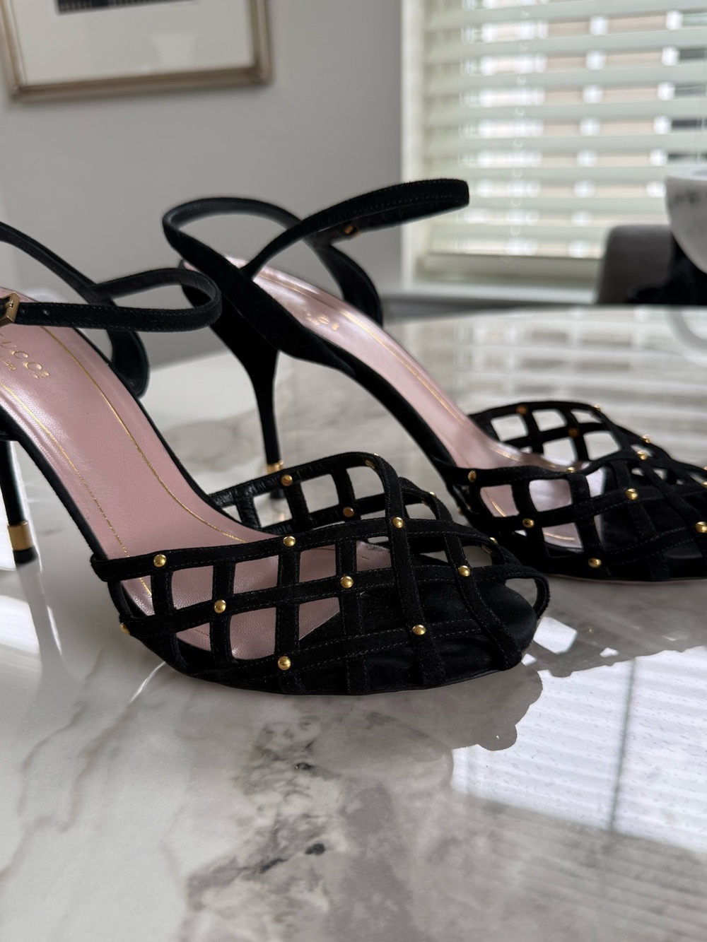 Gucci Black Lattice Gold-Stud Ankle Strap Heels